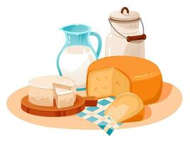 Milk and and cheese on the kitchen table. Dairy products set. Organic homemade food. Cartoon vector illustration