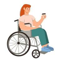 A happy young woman with coffee in a wheelchair. Diversity and inclusion concept. Flat vector illustration.