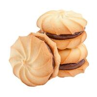 Shortbread whirls biscuits with chocolate filling isolated on white background photo