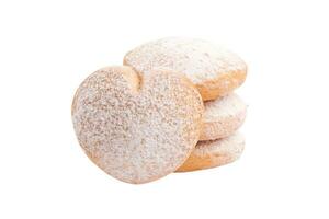 Heart shaped butter cookies with powdered sugar on white background photo