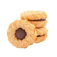 Ring shaped butter shortbread sandwich biscuits with chocolate cream filling sprinkled with sugar photo