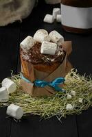 Easter cake with marshmallows on chocolate icing wrapped in kraft paper photo