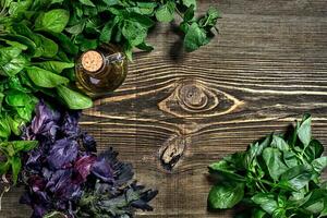 Variety of fresh organic herbs on wooden background. Freshly harvested herbs including basil, arugula. Top view. Copy space. photo