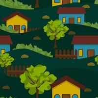 Editable Vector Seamless Pattern of Village Scenery Illustration With Dark Background for Decorative Element of Rural Related Design