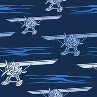 Editable Front Semi Oblique View Pontoon Floating Plane on a Water Vector Illustration as Seamless Pattern With Dark Background for Transportation or Recreation Related Design