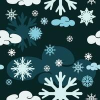 Editable Seamless Pattern Vector of Winter Snowflakes and Clouds With Dark Background for Decorative Element of Nature and Season Related Design