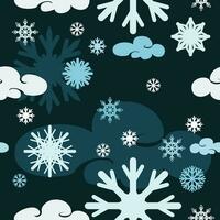 Editable Seamless Pattern Vector of Winter Snowflakes and Clouds With Dark Background for Decorative Element of Nature and Season Related Design