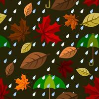 Editable Vector Illustration of Rainy Autumn Falling Leaves Seamless Pattern With Dark Background for Decorative Element of Nature and Season Related Design