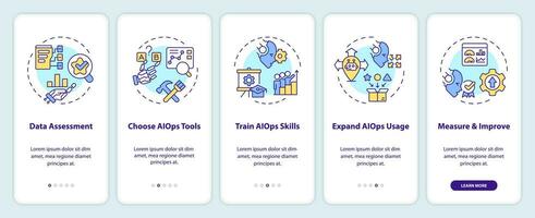 2D icons representing AI ops mobile app screen set. Walkthrough 5 steps colorful graphic instructions with line icons concept, UI, UX, GUI template. vector