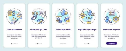 2D icons representing AI ops mobile app screen set. Walkthrough 5 steps colorful graphic instructions with line icons concept, UI, UX, GUI template. vector