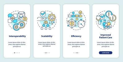 2D colorful icons representing health interoperability resources mobile app screen set. Walkthrough 4 steps graphic instructions with thin line icons concept, UI, UX, GUI template. vector