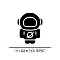 Astronaut pixel perfect black glyph icon. Space explorer. Rocket scientist. Zero gravity. Science fiction. Silhouette symbol on white space. Solid pictogram. Vector isolated illustration