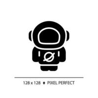 Astronaut pixel perfect black glyph icon. Space explorer. Rocket scientist. Zero gravity. Science fiction. Silhouette symbol on white space. Solid pictogram. Vector isolated illustration