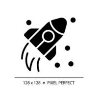 Space travel pixel perfect black glyph icon. Cosmic journey. Rocket flying. Aerospace technology. Product launch. Silhouette symbol on white space. Solid pictogram. Vector isolated illustration