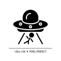 Alien abduction pixel perfect black glyph icon. Mind control. Ufo encounter. Unidentified flying object. Another planet. Silhouette symbol on white space. Solid pictogram. Vector isolated illustration