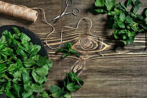 Fresh mint leaves on wooden background. Top view. Copy space photo