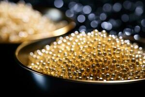 Close up of molecular caviar pearls garnishing dish background with empty space for text photo