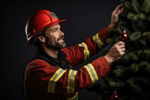 A firefighter in New Years uniform decorating a Christmas tree isolated on a gradient background photo