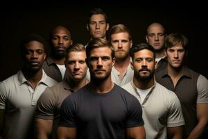 Group of diverse men showcasing variety of facial hair for Movember photo