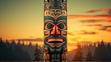 A carved Native American totem isolated on a sunset gradient background photo