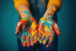 Young hands creating expressive art isolated on a vibrant gradient background photo