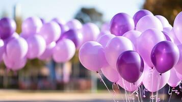 Purple balloons release at epilepsy awareness event background with empty space for text photo