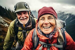 Adventurous seniors conquering mountain peaks in a thrilling rock climbing expedition photo