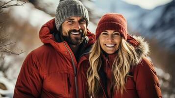 Active couple enjoying a winter hike in scenic snow covered mountains photo