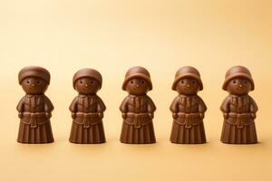 Chocolate Christmas carolers with artisan crafted details isolated on a festive gradient background photo