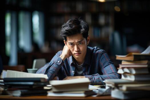 University student alone in library showing signs of stress background with empty space for text photo