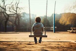 niño solo en patio de recreo columpio antecedentes con vacío espacio para texto foto