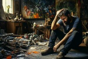 Depressed artist in unkempt workshop visibly grappling with emotional turmoil photo