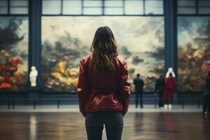 Visitor in art gallery silently battling depression amid masterpieces photo