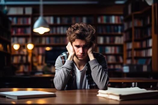 University student alone in library showing signs of stress background with empty space for text photo