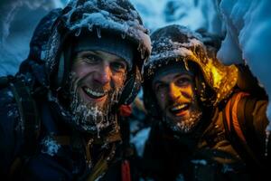 Enthusiastic cavers exploring hidden snow caves in chilly high altitude surroundings photo