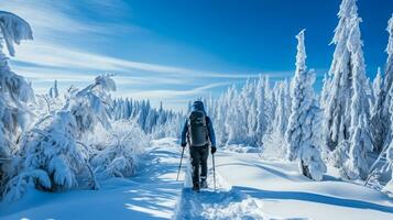 cruzar país esquiador explorador Nevado remoto alpino paisaje en invierno soledad foto