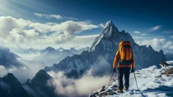 Ski mountaineer reaching challenging winter peak background with empty space for text photo