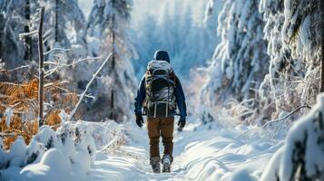 Snowshoe trekker navigating peaceful winter forest background with empty space for text photo