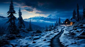 Warmly lit hut amidst snow clad hiking trail background with empty space for text photo