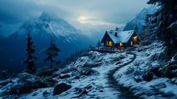 Warmly lit hut amidst snow clad hiking trail background with empty space for text photo