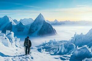 Ice climber ascending frosty Arctic peak background with empty space for text photo