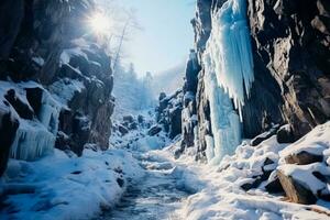 Frozen waterfall exploration during winter hike background with empty space for text photo