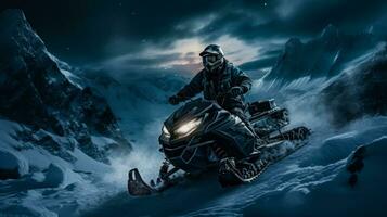 Midnight snowmobiling in polar landscapes background with empty space for text photo