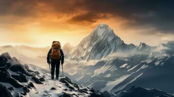 Mountaineer on icy peak amidst heavy snowfall background with empty space for text photo