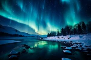 Aurora Borealis illuminating dark winter sky background with empty space for text photo