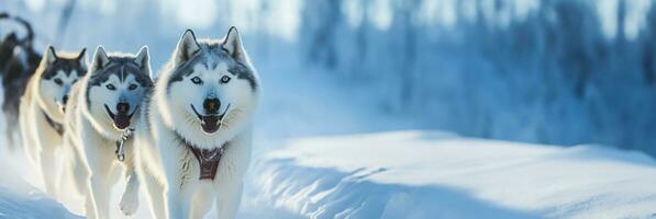 Mushers guiding sled dogs across tranquil snowy wilderness in winter expedition photo