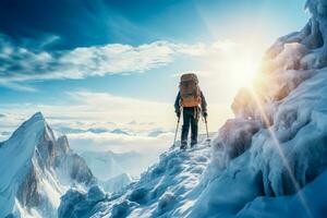 Ice climber ascending frosty Arctic peak background with empty space for text photo