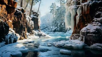 Frozen waterfall exploration during winter hike background with empty space for text photo