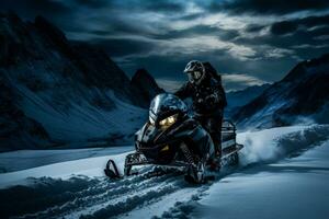 Midnight snowmobiling in polar landscapes background with empty space for text photo