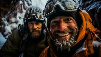 entusiasta espeleólogos explorador oculto nieve cuevas en frío alto altitud alrededores foto
